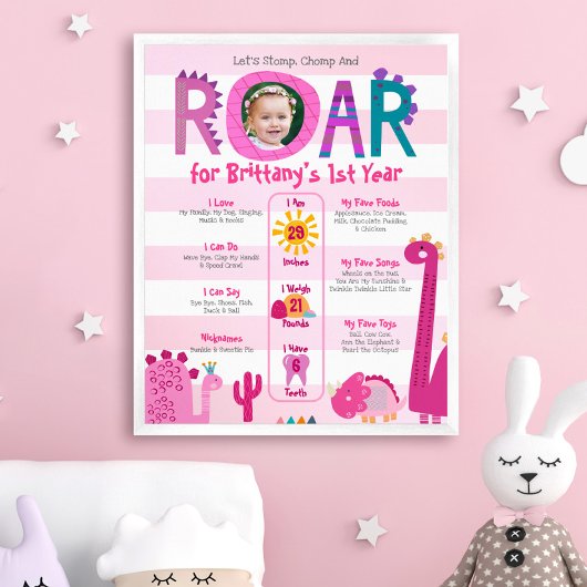 ピンク恐竜フォトガール1st誕生日マイルストーン ポスター
