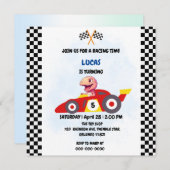 ピンク恐竜レッドレースカーボーイおもしろい誕生日パーティー 招待状 (正面/裏面)