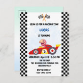 ピンク恐竜レッドレースカーボーイ子供の誕生日パーティー インビテーションポストカード (正面/裏面)