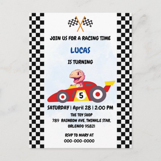 ピンク恐竜レッドレースカーボーイ子供の誕生日パーティー インビテーションポストカード (正面)