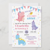 ピンク恐竜ロール誕生日ガールズディノパーティー 招待状 (正面)