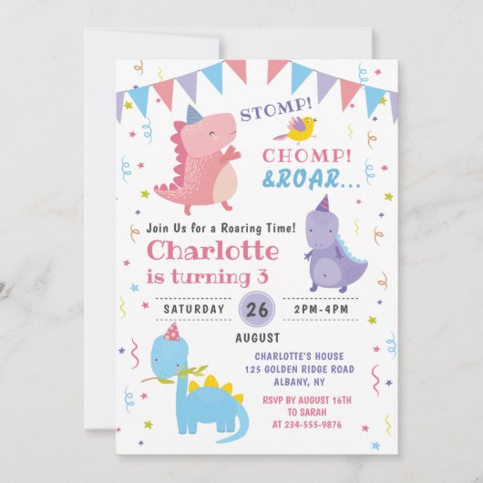 ピンク恐竜ロール誕生日ガールズディノパーティー 招待状 (正面)