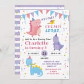 ピンク恐竜ロール誕生日ガールズディノパーティー 招待状 (正面/裏面)