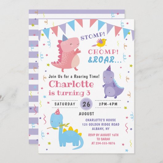 ピンク恐竜ロール誕生日ガールズディノパーティー 招待状 (正面/裏面)