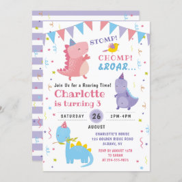 ピンク恐竜ロール誕生日ガールズディノパーティー 招待状