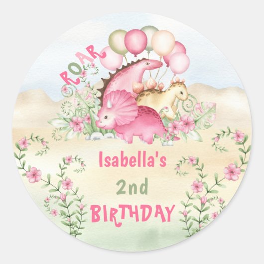 ピンク恐竜小さな女の子パステルかわいい誕生日 ラウンドシール (正面)