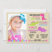 ピンク恐竜誕生日招待状ガール恐竜 招待状 (正面)