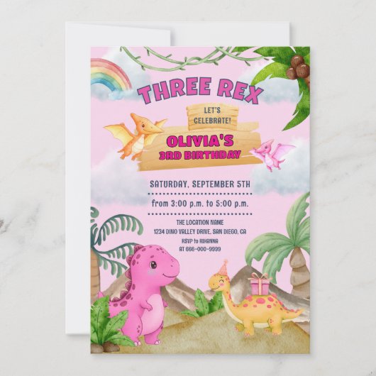 ピンク恐竜3つレックス3番目の誕生日ガールパーティー 招待状 (正面)