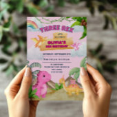 ピンク恐竜3つレックス3番目の誕生日ガールパーティー 招待状