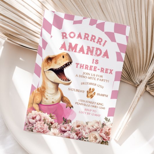 ピンク恐竜3レックスヴィンテージフローラ誕生日 招待状