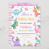 ピンク恐竜3人レックスガールディーノバースデーパーティー 招待状 (正面/裏面)