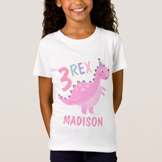 ピンク恐竜3歳レックス3歳パーティー Tシャツ (正面)