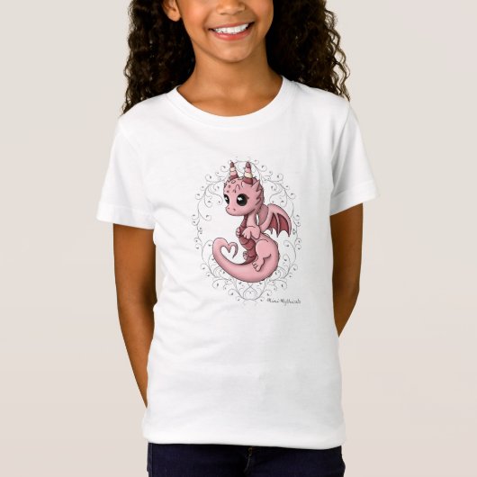 ピンク愛ドラゴンの女の子のワイシャツ Tシャツ (正面)