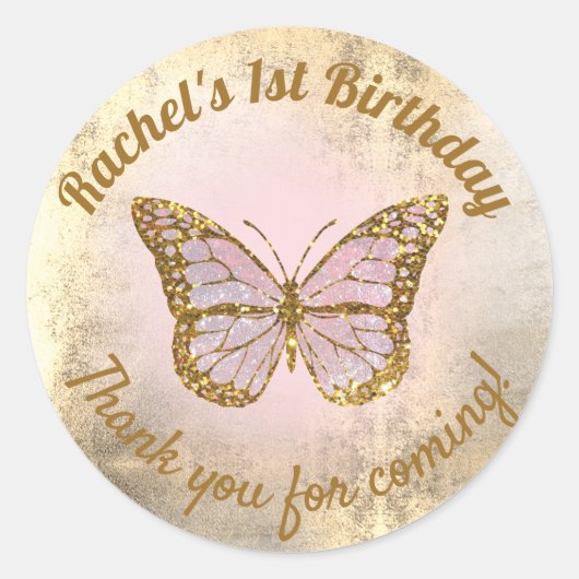 ピンク感謝していの蝶よ来。 ラウンドシール (正面)