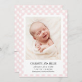 ピンク感謝していギンガム誕生発表写真カード 案内状 (正面/裏面)