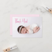 ピンク感謝スクリプト赤ちゃん女の子フォトベビーシャワー カード (正面/裏面インサイチュ)