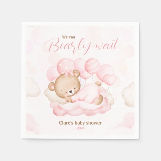 ピンク我々はベアベビーシャワーナプキン待つことができる スタンダードカクテルナプキン (正面)