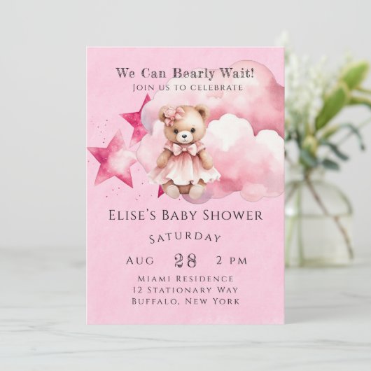 ピンク我々は心から女の子の赤ちゃんシャワーを待つことができる 招待状 (スタンド正面)