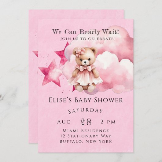 ピンク我々は心から女の子の赤ちゃんシャワーを待つことができる 招待状 (正面/裏面)