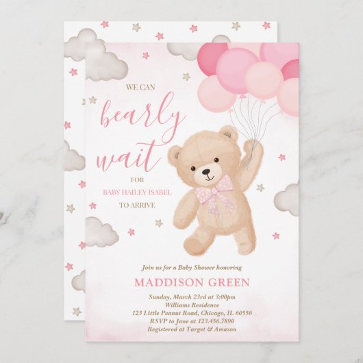 ピンク我々は赤ちゃんシャワーを待つことができる 招待状 (正面/裏面)