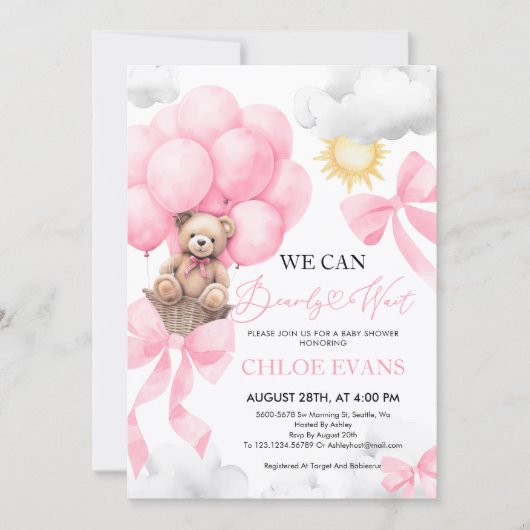 ピンク我々は赤ちゃんシャワー招待状を心待ちできる 招待状 (正面)
