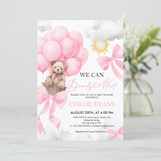 ピンク我々は赤ちゃんシャワー招待状を心待ちできる 招待状 (スタンド正面)