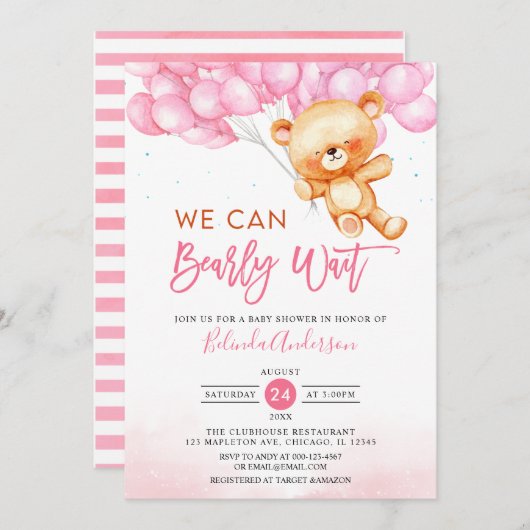 ピンク我々はbearly待つことができテディベア赤ちゃんシャワー 招待状 (正面/裏面)