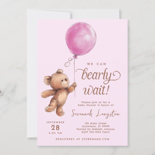 ピンク我々はbearly待つことができテディベア赤ちゃんシャワー 招待状 (正面)