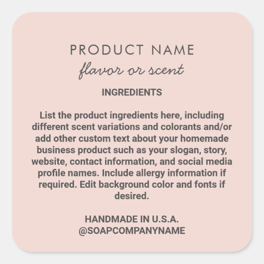 ピンク手作り製品素材リストかわいいラベル スクエアシール (正面)
