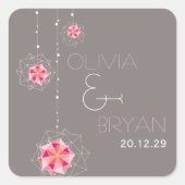 ピンク折り紙のぶら下がったオーナメントライトアジア結婚の スクエアシール (正面)