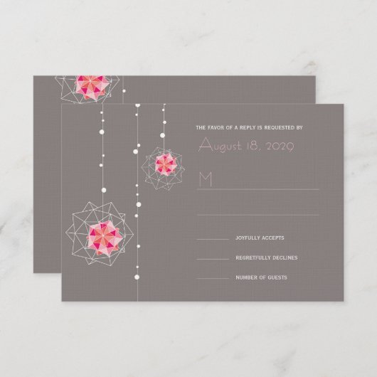 ピンク折り紙ぶら下がったのオーナメントがアジアの光結婚を照らす 出欠カード (正面/裏面)