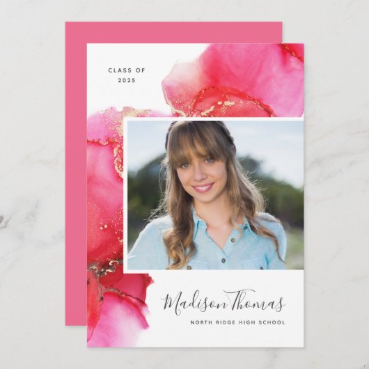 ピンク抽象芸術水彩写真卒業パーティー 招待状 (正面/裏面)