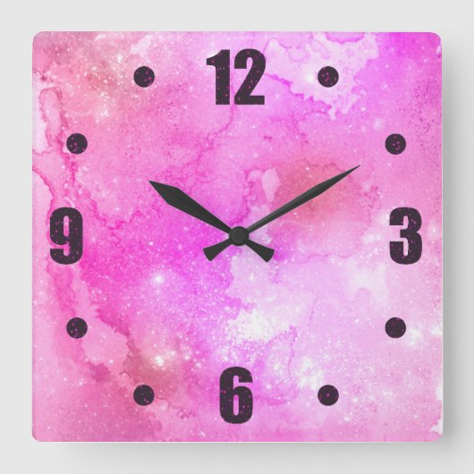ピンク抽象芸術水彩銀河系はっきりしたタイポグラフィ スクエア壁時計 (正面)