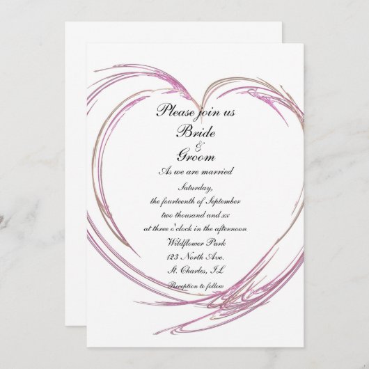ピンク抽象芸術結婚ハート 招待状 (正面/裏面)