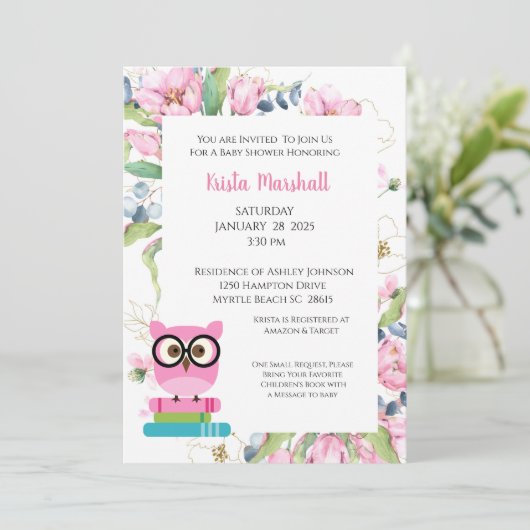 ピンク持参ブックフクロウフローラベビーシャワー招待状 招待状 (スタンド正面)