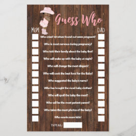 ピンク推測オウム女性のカーボーイベビーシャワーゲームカード チラシ