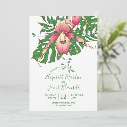 ピンク描とイエローレディースリッパーオーキッ結婚シュ 招待状 (スタンド正面)