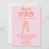 ピンク描オレンジ30お洒落thフォト誕生日 招待状 (正面)