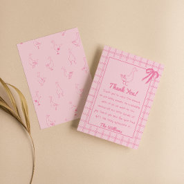 ピンク描グ間抜け・グースリボン女子ベビーシャワー サンキューカード