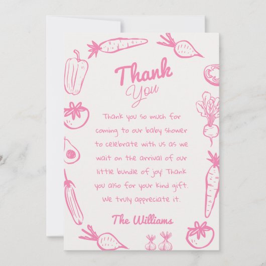 ピンク描色の地元で育ガーリーった赤ちゃんシャワー サンキューカード (正面)