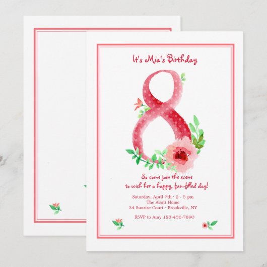 ピンク数字8招待状 招待状 (正面/裏面)