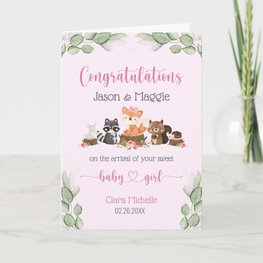 ピンク新生児ガールパーソナライズされたおめでとう カード (正面)