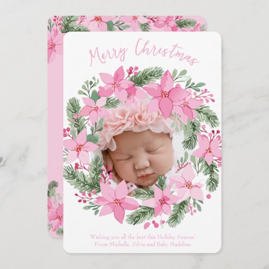ピンク新生児フォトクリスマスカードガールポインセチア 招待状 (正面/裏面)