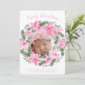 ピンク新生児フォトクリスマスカードガールポインセチア 招待状 (スタンド正面)