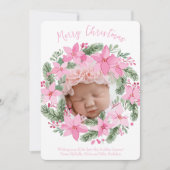 ピンク新生児フォトクリスマスカードガールポインセチア 招待状 (正面)