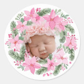 ピンク新生児フォトクリスマスガールポインセチア ラウンドシール (正面)