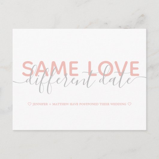 ピンク日付の結婚タイポグラフィ写真を変更 案内ポストカード (正面)