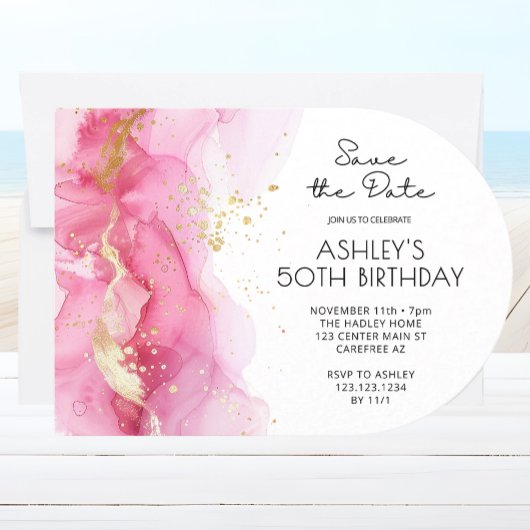 ピンク日付50モダン誕生日を保存 招待状