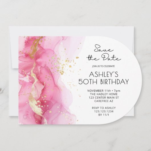 ピンク日付50モダン誕生日を保存 招待状 (正面)