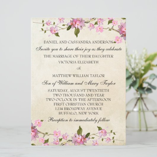 ピンク日本のさくらんぼの花結婚の数 招待状 (スタンド正面)